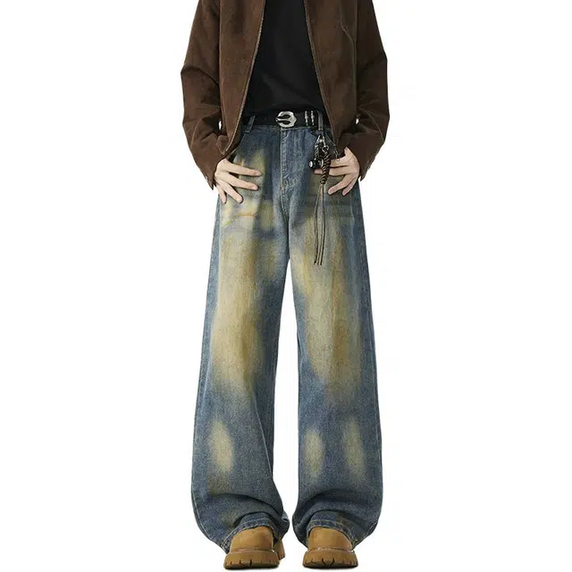 佐菲利 水洗做旧渐变复古美式高街阔腿裤潮牌宽松直筒裤子牛仔裤 男女同款