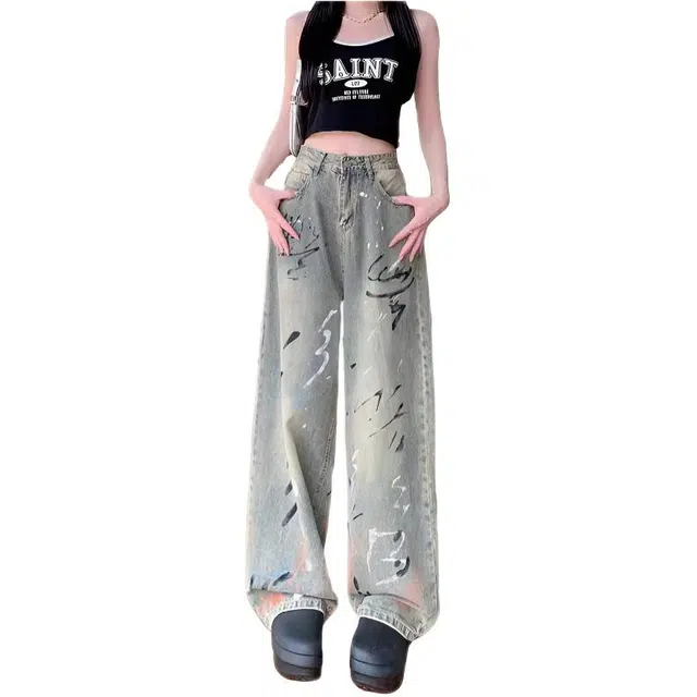 木木兔 潮流时尚秋季裤子 女 美式设计感泼涂鸦阔腿裤复古做旧直筒拖地裤 牛仔裤 女款