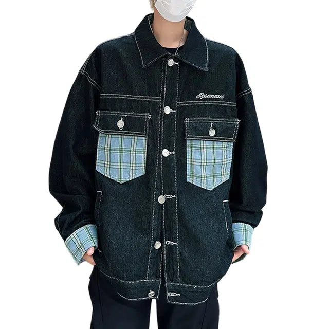冈哉 格子口袋拼色明线拼接美式复古潮牌宽松工装夹克多痞帅情侣翻领单排扣开衫牛仔外套 男女同款