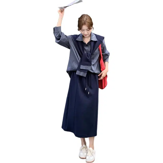 袋鼠 减龄条纹衬衫半身裙女春秋松弛感清纯系三件套俏皮活泼巨好看裙装套装 女款