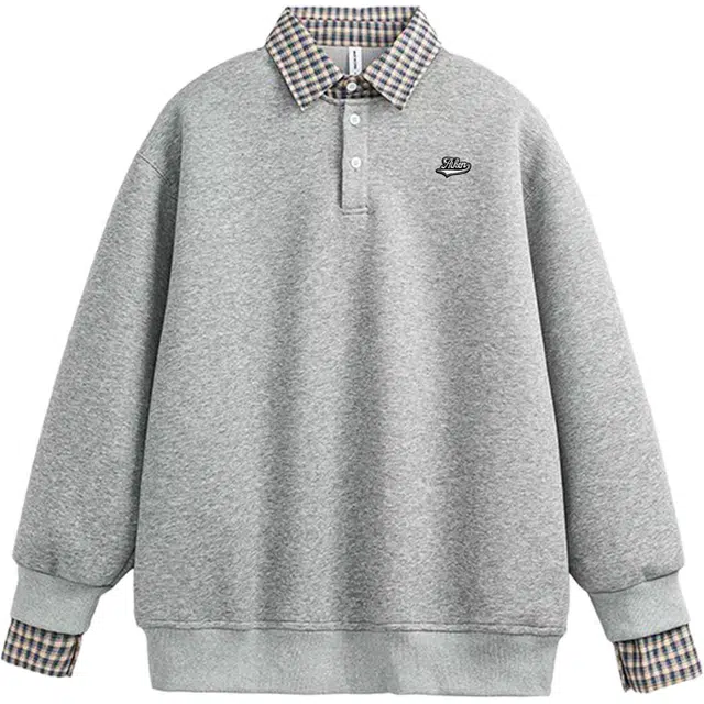 爱肯 多风格假两件拼接格子上衣 时尚百搭适合通勤卫衣 男女同款