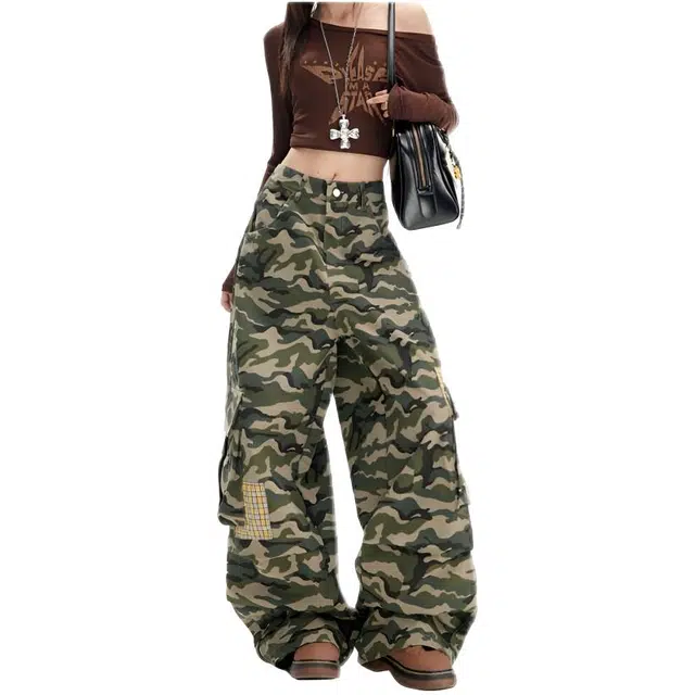 木木兔 潮流时尚秋季裤子  情侣款 美式复古迷彩工装裤男女街头嘻哈宽松直筒拖地垂感阔腿长裤休闲裤 女款