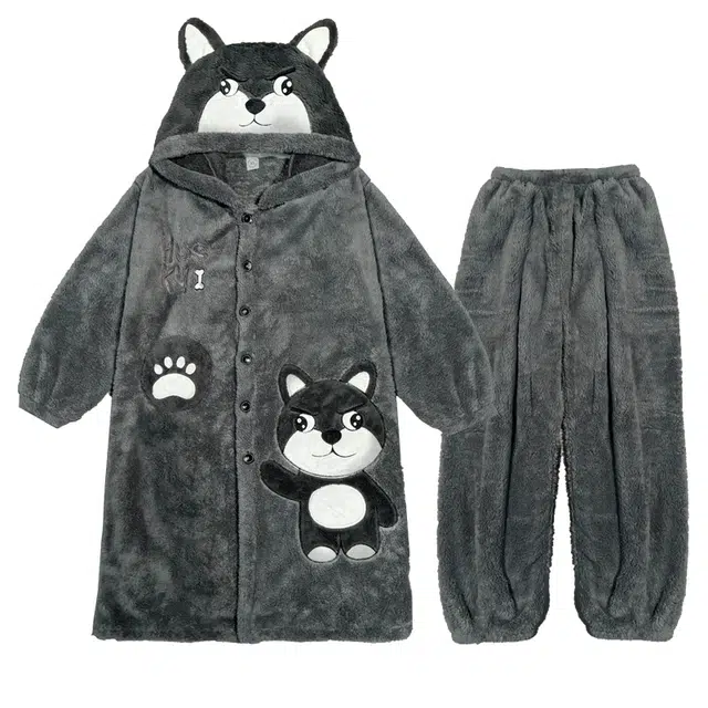 俏霓桐 袍加裤青少年学生时尚卡通加厚加绒珊瑚绒可外穿保暖秋冬家居服睡衣套装 男款