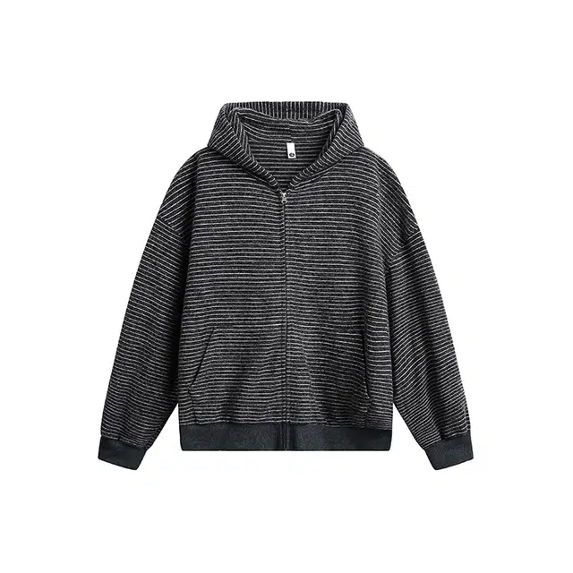 欧路得 复古绒感条纹连帽开衫男秋季宽松百搭慵懒感外套美式休闲夹克卫衣 男款