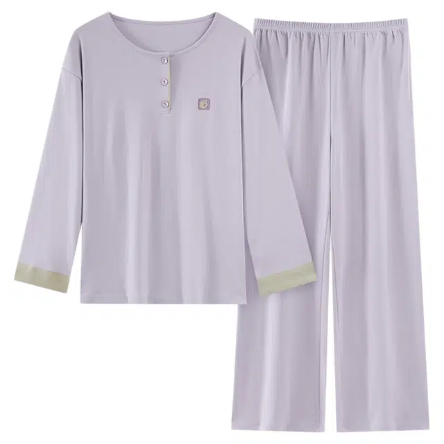 潞优野 简约休闲舒适亲肤纯棉长袖长裤圆领套头可外穿家居服 睡衣套装 女款