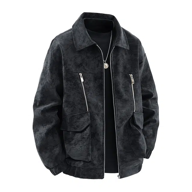 洋气先生 美式高街复古潮流痞帅风格中性设计纯色翻领拉链长袖休闲时尚帅气舒适防风日常户外通勤徒步无性别主义简约百搭外套夹克 男女同款