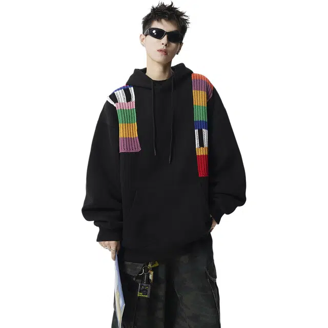 冈哉 美式基础彩虹毛织拼接连帽套头宽松百搭痞帅个性潮流潮牌时尚慵懒感学院风日常通勤柔软舒适亲肤上衣卫衣 男女同款