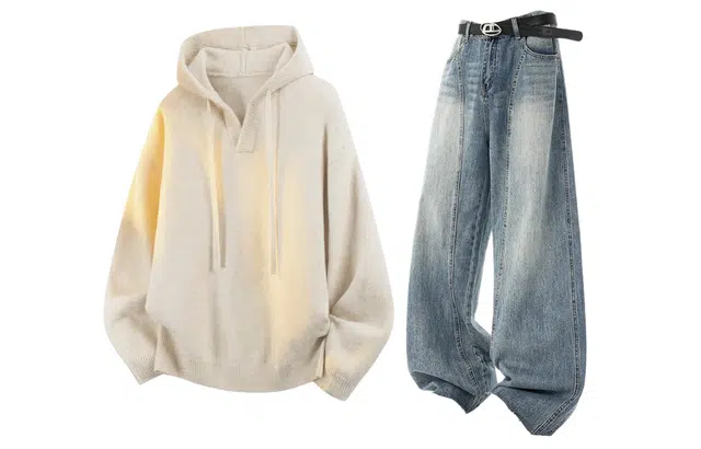 梓润格 慵懒毛衣连帽针织衫套头情侣美式潮牌外套复古高级感水洗牛仔长裤弯刀裤休闲运动套装 男女同款