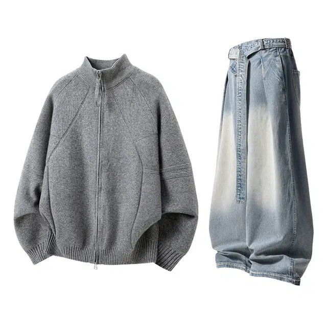 梓润格 美式高街小众设计感加厚针织衫上衣慵懒感宽松老钱风开衫毛衣复古潮流高级感水洗牛仔长裤弯刀裤休闲运动套装 男女同款