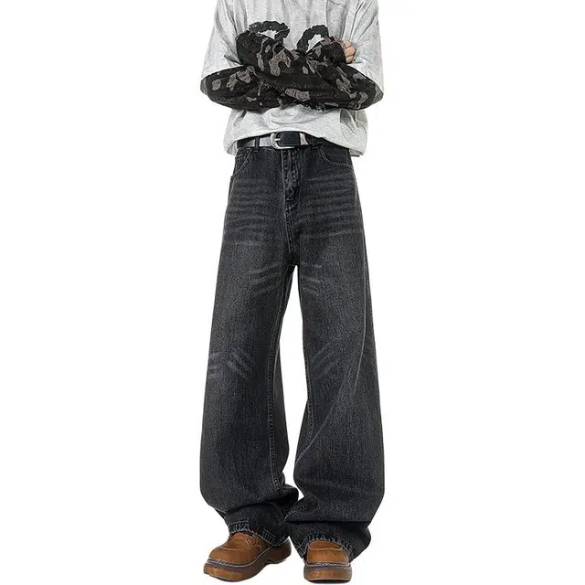 佐菲利 美式高街复古水洗潮牌宽松直筒百搭阔腿休闲长裤牛仔裤 男女同款