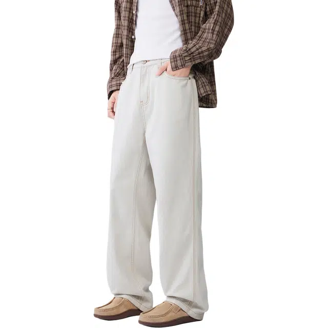 瑞梵帝斯 秋季复古街头设计感美式纯色基础日常通勤纯棉伐木裤柔软不硬水洗做旧垂感阔腿宽松直筒时尚休闲牛仔裤 男款