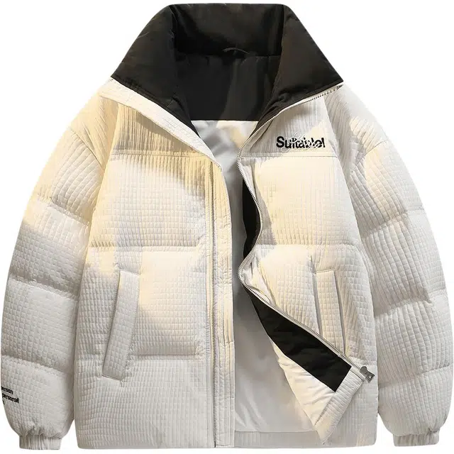 鸭鸭 加厚保暖休闲宽松无性别刺绣字母泡芙面料简约立领暗黑羽绒服外套 男款