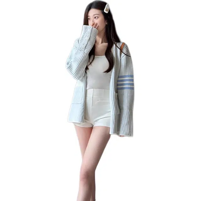 轻迎 开衫舒适休闲条纹常规针织衫 女款