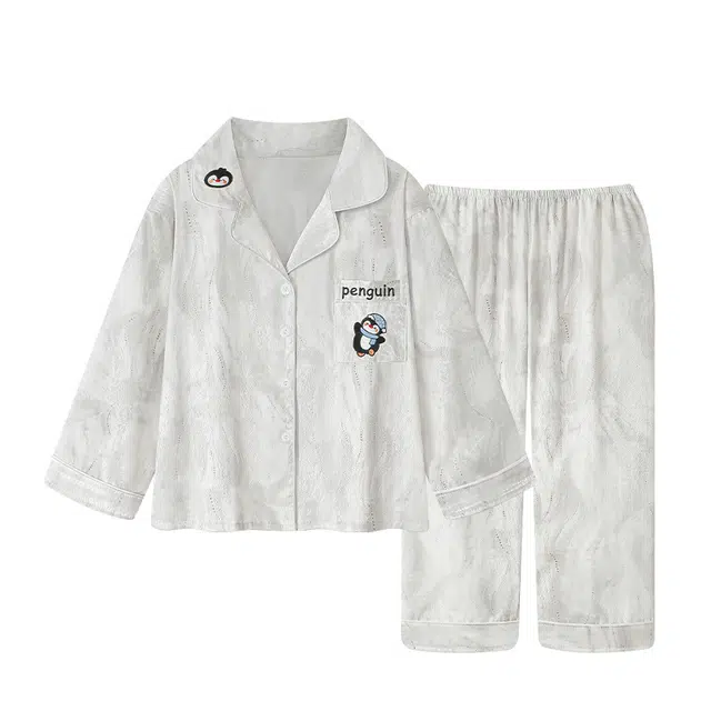 俏韵 翻领卡通春秋季冰丝休闲长袖长裤甜美舒适薄款家居服可外穿睡衣套装 男女同款