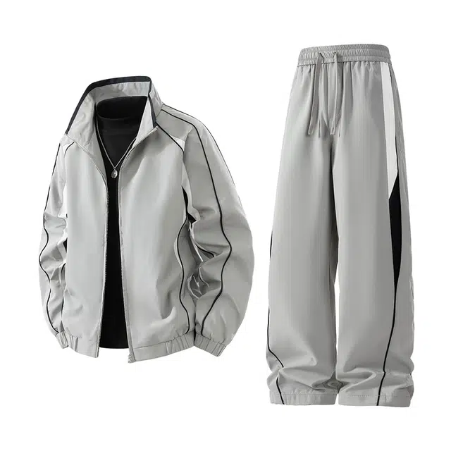 美式复古运动风拼接撞色立领春秋季潮牌帅气青年上衣休闲外套长裤  冲锋衣套装  男女同款