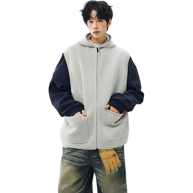 佐菲利 美式重磅连帽无袖开衫宽松慵懒风麻将马甲拉链外套潮针织衫 男女同款