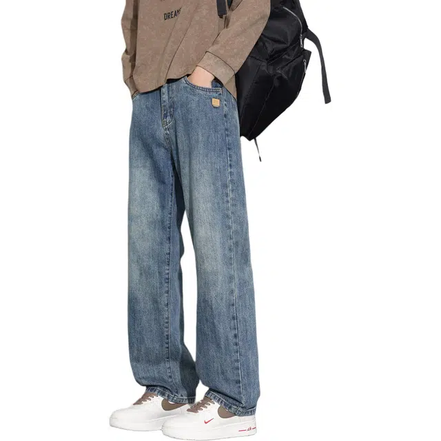 瑞梵帝斯 秋季高端美式水洗复古直筒宽松破洞浅色做旧棉质柔软舒适亲肤品牌小皮标时尚高街百搭户外通勤休闲牛仔裤 男款