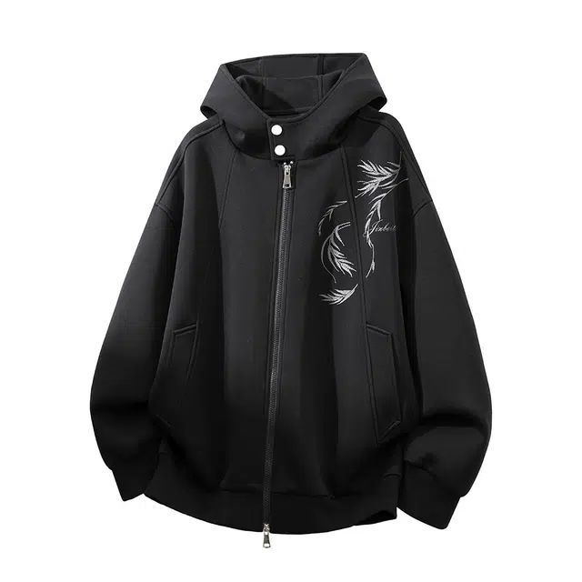 金贝勒 重磅美式高街柳枝字母印花解构拼接设计感双头拉链基础款简约纯色慵懒学院秋装外套松驰感连帽开衫卫衣 男女同款