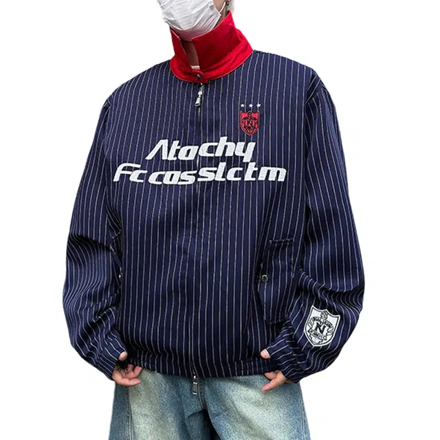 冈哉 条纹拼色翻领字母美式复古高街休闲百搭夹克外套 男女同款