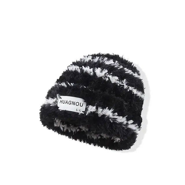 【秋冬降温必备】 攸委 通勤百搭条纹毛线针织帽子女冬季加厚保暖大头围显脸小防寒毛绒护耳帽 涤纶 时尚绒线帽套头冷帽 男女同款情侣款