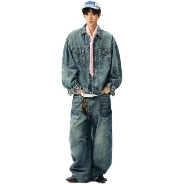 拓菲 时尚重磅复古水洗牛仔外套美式休闲袖口花纹春秋季夹克 男女同款