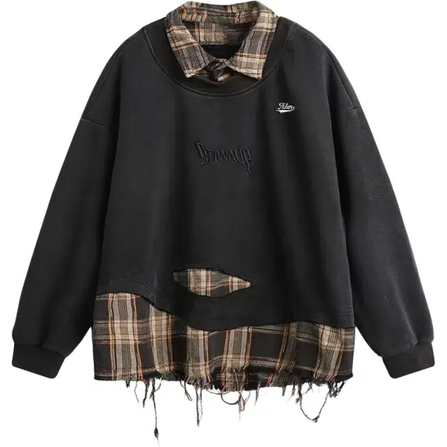 爱肯 破坏风美式复古个性设计感潮牌刺绣假两件格子拼接长袖休闲宽松翻领卫衣 男女同款