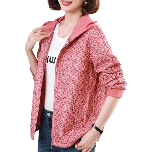 缪斯的诱惑 时尚潮流经典复古满印格纹舒适柔软运动休闲小香风外套帽衫上衣洋气减龄高级感百搭优雅气质简约宽松针织衫轻奢拼色连帽夹克 女款