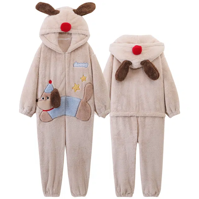 俏霓桐 卡通狗狗休闲加厚加绒珊瑚绒可爱青少年学生时尚家居服睡衣连体衣 男款