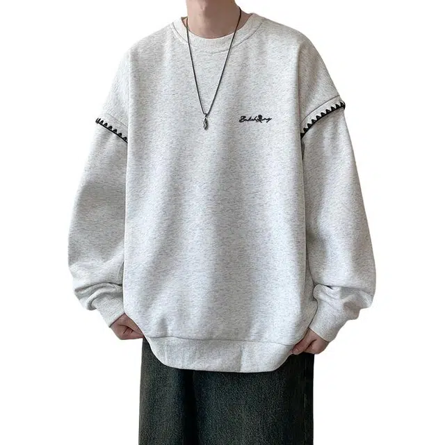 【美式高街学院风复古潮流撞色绣花边】布客行 别针款可拆卸铜标落肩宽松简约通勤运动舒适休闲百搭套头长袖卫衣 男女同款