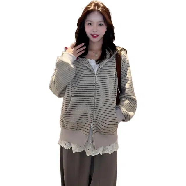 敲模女孩 美式复古韩系连帽外套慵懒风宽松条纹撞色开衫百搭上衣卫衣 女款