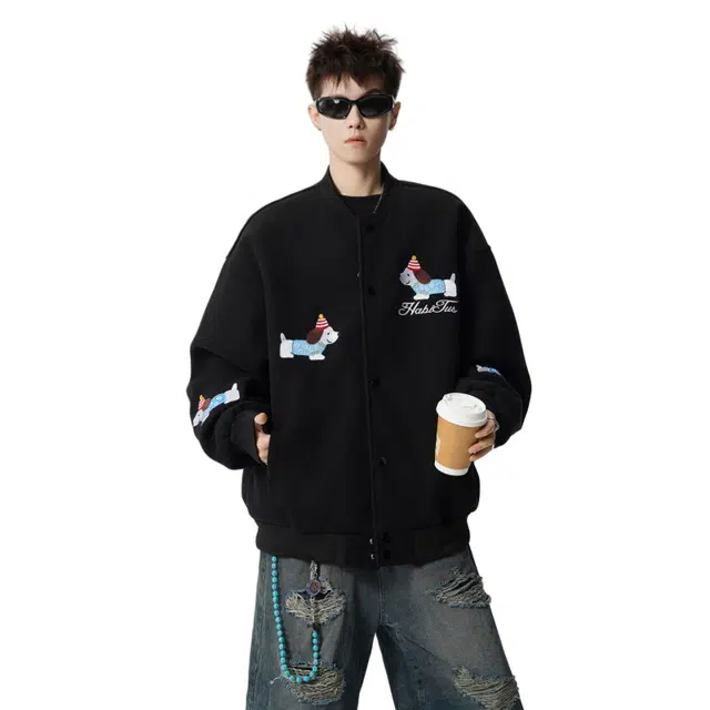 加荣 美式腊肠狗刺绣棒球领秋季休闲百搭呢子飞行复古潮牌运动青少年酷帅时尚高端情侣夹克外套 男女同款