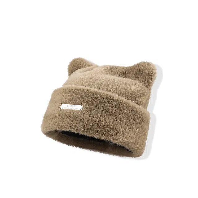 【秋冬百搭~可爱小熊】 攸委 呆萌熊耳朵毛绒针织帽子女冬季加厚保暖时尚大头围显脸小 涤纶 防风护耳帽包头绒线帽 男女同款情侣款