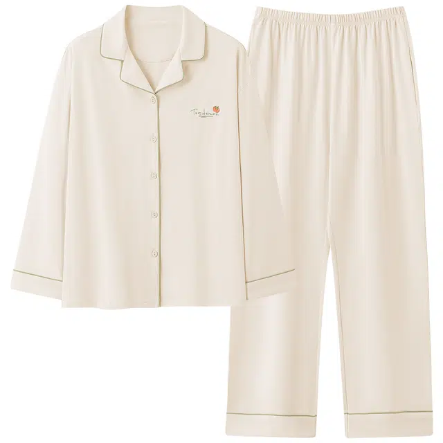 俏霓桐 时尚简约高级感翻领纯棉亲肤清新休闲长袖长裤家居服可外穿睡衣套装 女款