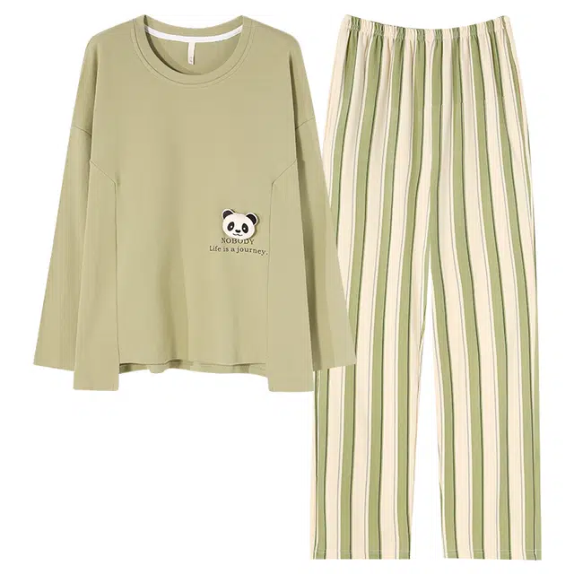 帕兰朵 带胸垫一体式夏季薄款长袖条纹全棉吸汗家居服外穿春夏纯棉女睡衣套装 女款