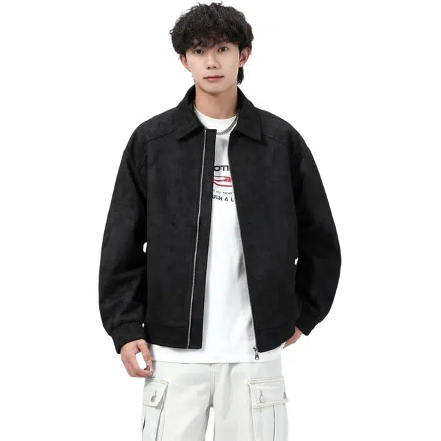 洋气先生 美式潮流高街痞帅扎染设计高级纯色翻领拉链长袖时尚帅气舒适亲肤防风日常户外通勤徒步无性别主义简约百搭外套夹克 男女同款