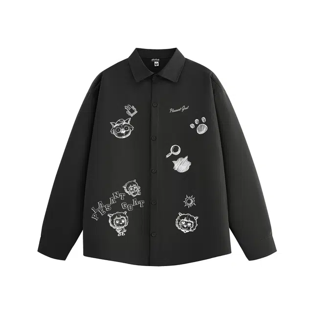 喜羊羊与灰太狼 美式高街学院风基础款手绘涂鸦卡通动漫字母印花挺括抗皱日常通勤休闲宽松舒适无性别主义高级感翻领长袖纽扣衬衫 男女同款