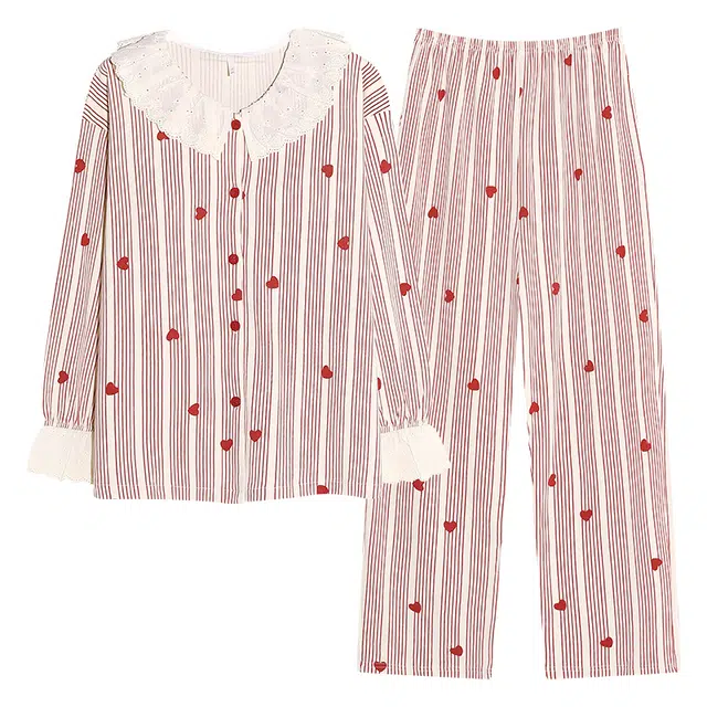 帕兰朵 带胸垫春秋季纯棉加厚公主风爱心条纹甜美家居服女长袖睡衣套装 女款