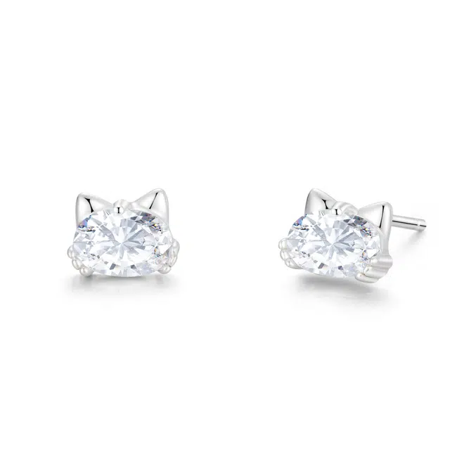 【纯银养耳洞】 珍·尚银 中国黄金 猫咪爆闪 可爱甜美 轻奢小众 卡通耳饰 精致日常通勤百搭 告白 好运 足银 耳钉 女款 礼盒