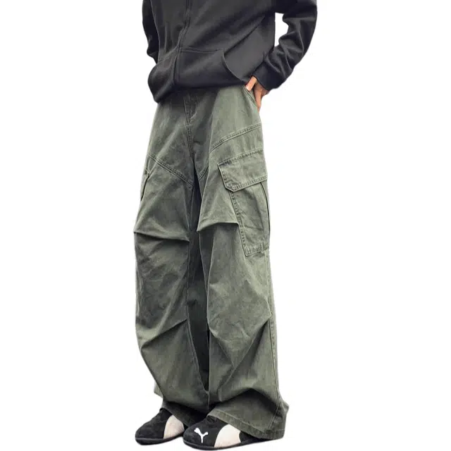 大格子与黑猫 美式复古水洗纯棉男春秋季潮牌宽松直筒休闲阔腿拖地长裤子 工装裤 男女同款