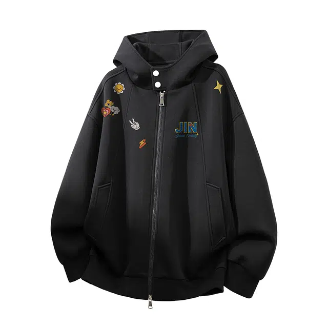 金贝勒 重磅美式高街卡通创意图案字母印花解构拼接设计感双头拉链基础款简约纯色慵懒学院秋装外套松驰感连帽开衫卫衣 男女同款