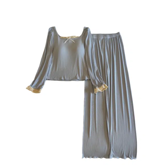 莫代尔 气质时尚百搭个性休闲简洁长袖长裤自带胸垫防凸点家居服可外穿女士睡衣套装 女款