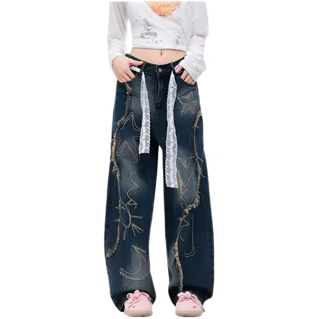 木木兔 潮流时尚秋季裤子女 做旧复古破洞裤美式设计感宽松垂感直筒阔腿裤 牛仔裤 女款