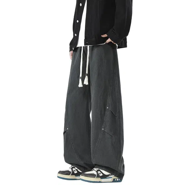 顶峰保罗 美式潮牌纯棉褶皱铆钉工装裤高街小众设计感宽松纯色运动拖地长裤子弹力简约百搭垂感休闲裤 男女同款