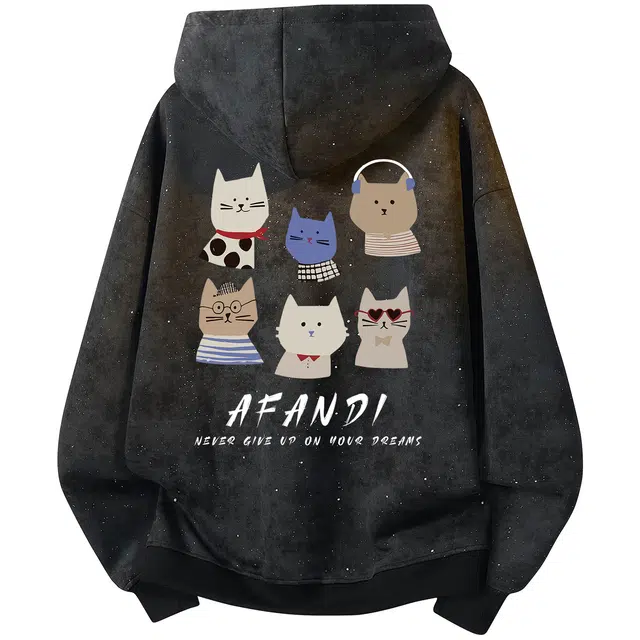 阿凡迪 【重磅华棉】美式潮流高街满天星扎染工艺简约字母卡通动物背面萌趣猫咪家族印花校园复古个性穿搭无性别宽松连帽卫衣 男女同款