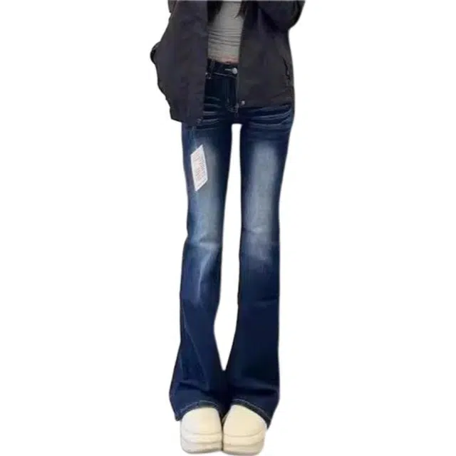 么宁 美式高街水洗微喇叭设计感辣妹高腰显瘦马蹄拖地长裤牛仔裤 女款