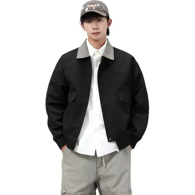 洋气先生 美式复古潮流高街痞帅设计格子条纹翻领纯色拉链长袖休闲时尚帅气舒适亲肤日常户外徒步通勤无性别主义简约百搭外套夹克 男女同款