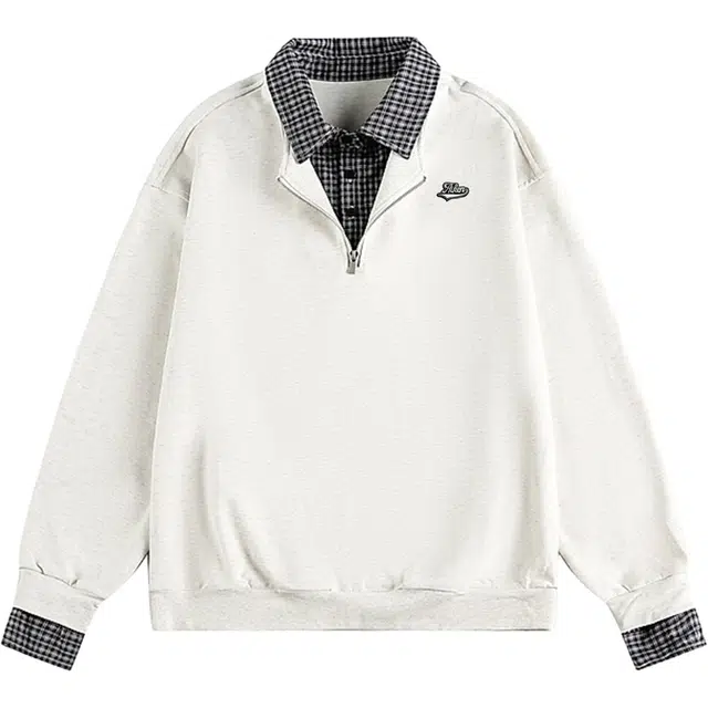 爱肯 美式复古高街学院老钱风英伦格子拼接翻领假两件早八通勤宽松休闲卫衣 男女同款