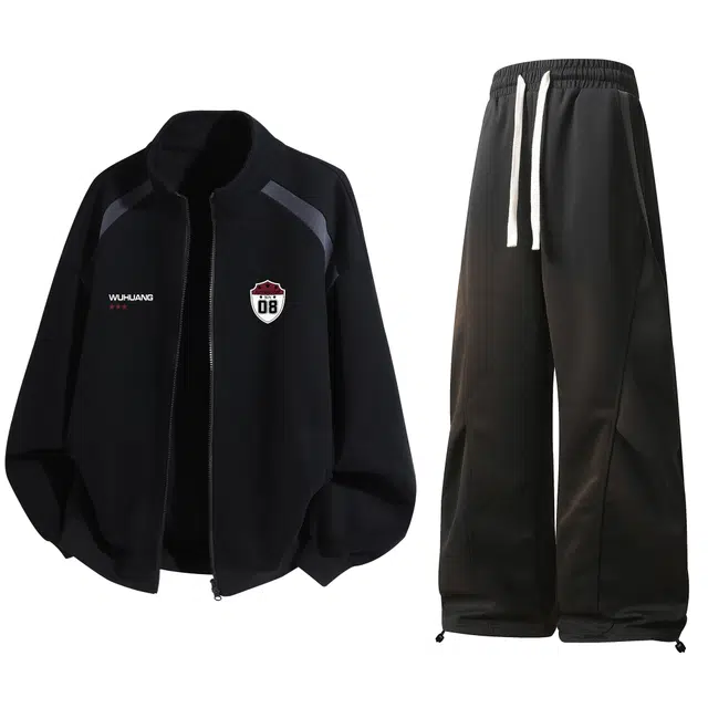 吾皇猫 学院风美式复古高街春秋基础款舒适透气简约百搭学生党时尚拼色长袖开衫卫衣外套直筒长裤秋季休闲运动套装 男女同款