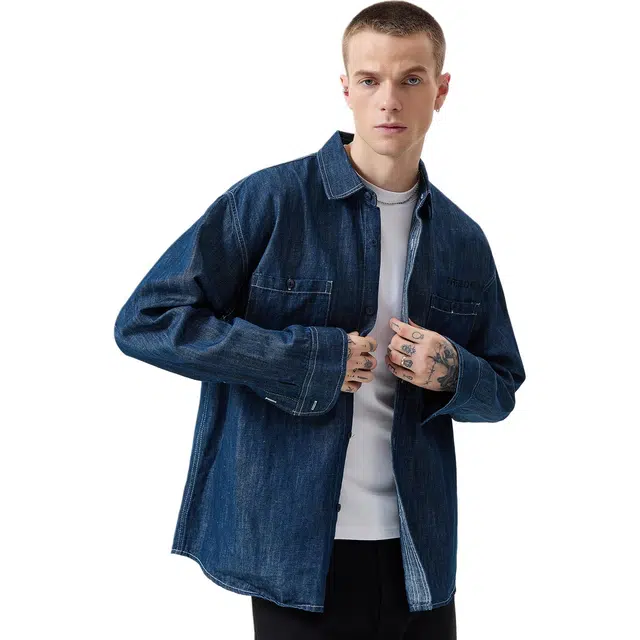 逆腾 秋季汉麻抗菌衬衣外套男潮牌美式宽松休闲男士高级感原色牛仔衬衫 男女同款