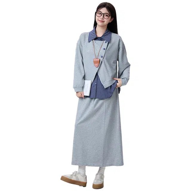 敲模女孩 韩系学院风显瘦假两件格纹拼接外套高腰气质遮胯修身半身裙裙装套装 女款